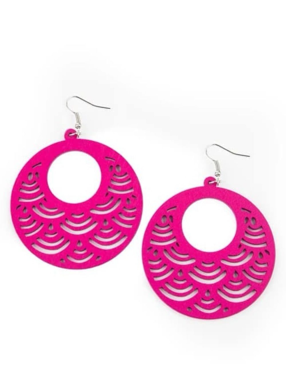 Bright pink painted wood earrings 🌺